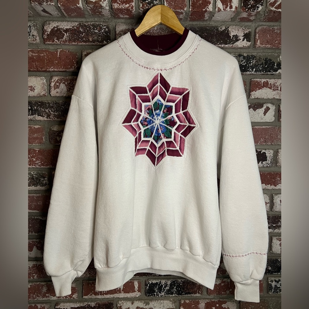 Vintage Jerzees Floral Quilted Snowflake Embroidered Mock Layer Crewneck Sweater